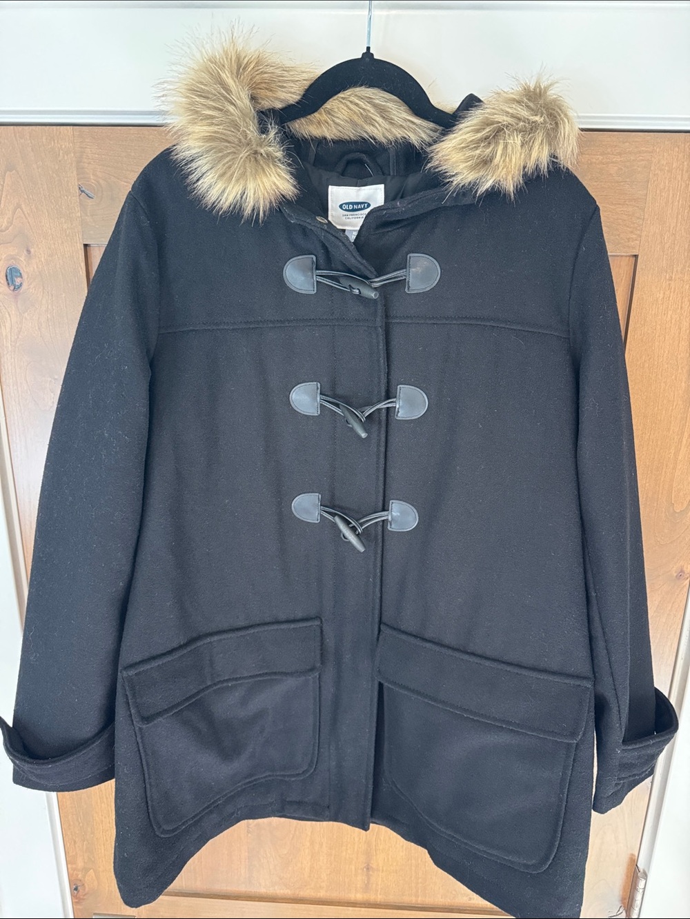 NWT Old Navy Wool Blend Coat Womens XL Black Fur Collar Toggle closure Warm